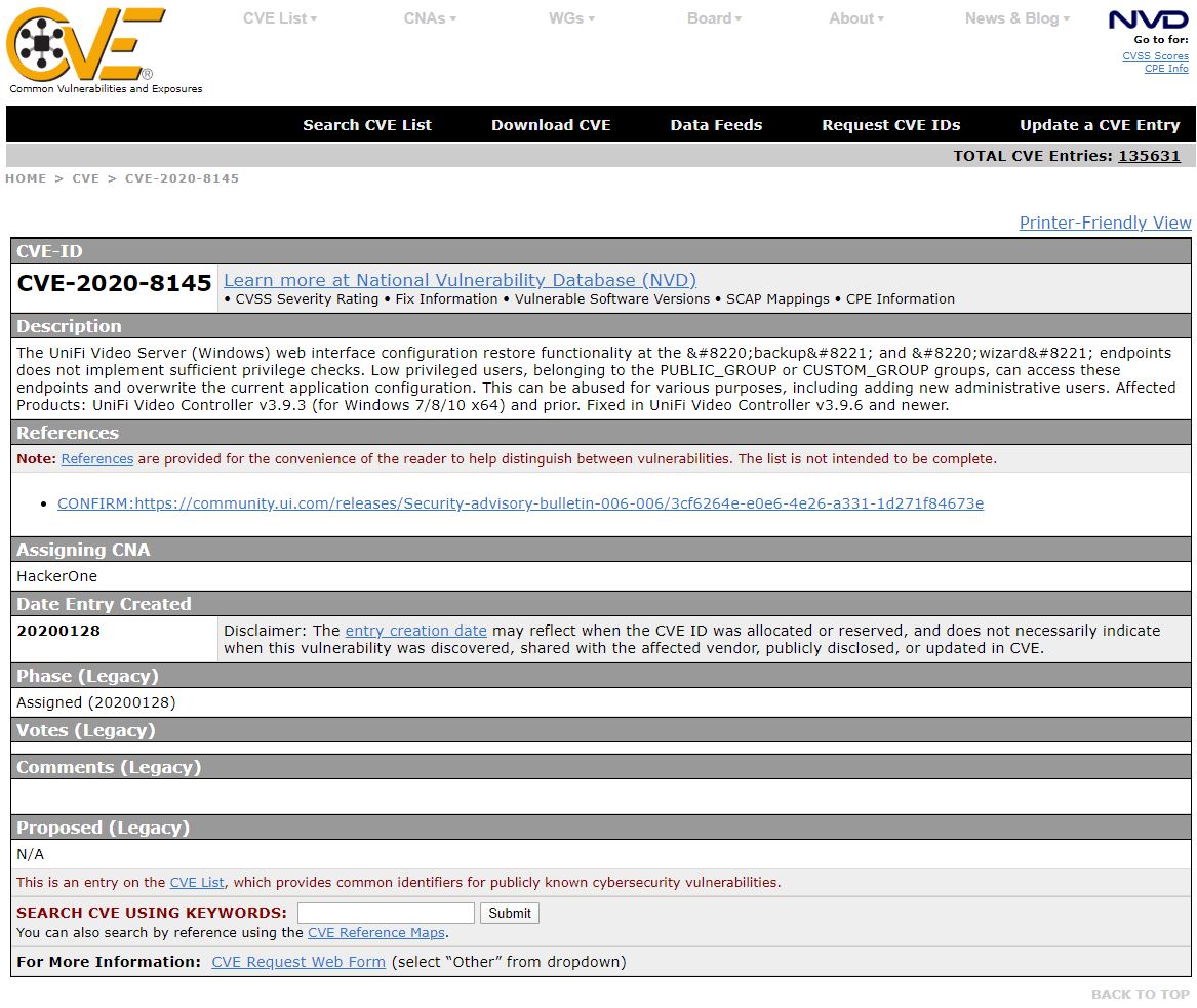 Sample CVE Search Results for CVE-2020-8145
