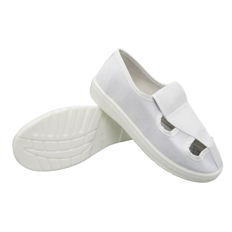 Антистатическая обувь летняя дышащая комфортная из холщовой ткани для пищевой промышленности, утолщённая подошва из мягкого ПУ, белые четырехп孔ные пыленепроницаемые ботинки