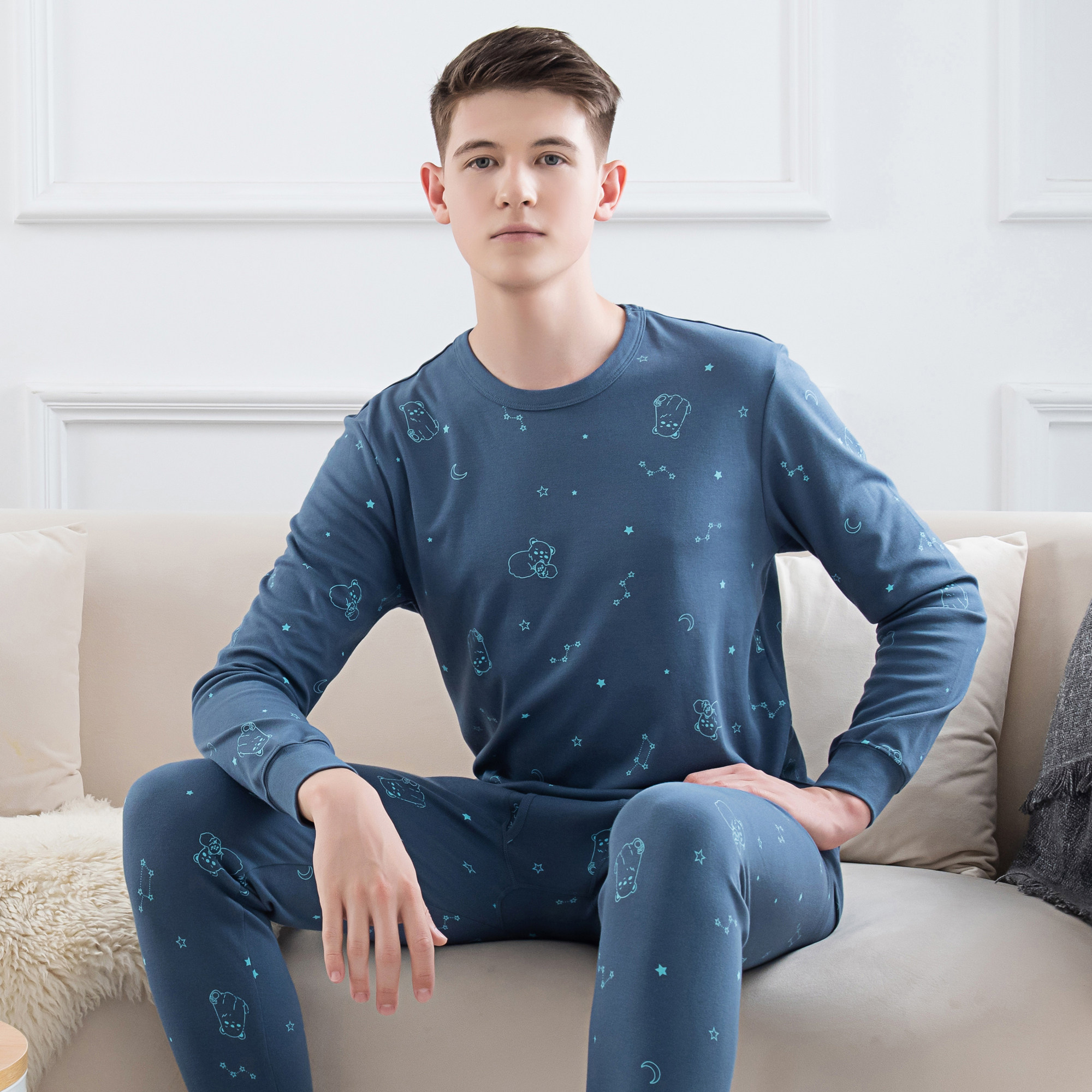 Высококлассное теплое белье Italai для мужчин, комплект осенних толстых хлопковых кофт и брюк с круглым вырезом и облегающим фасоном