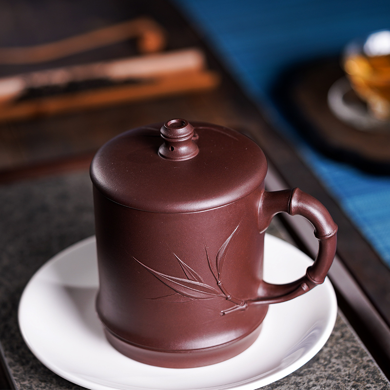 Чашка с крышкой из исинской пурпурной глины ручной работы для мужчин, китайская оригинальная старая пурпурная глина, дизайн с двойным бамбуком, 500 мл