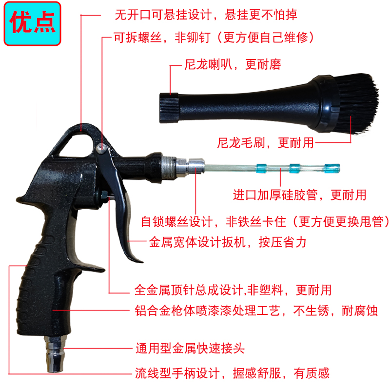 Tornado Dust Blowing Air Gun with Brush Head Interior Cleaning Gun Air Vent Dust Removal Rotary Blowing Water and Dust Cleaning Gun