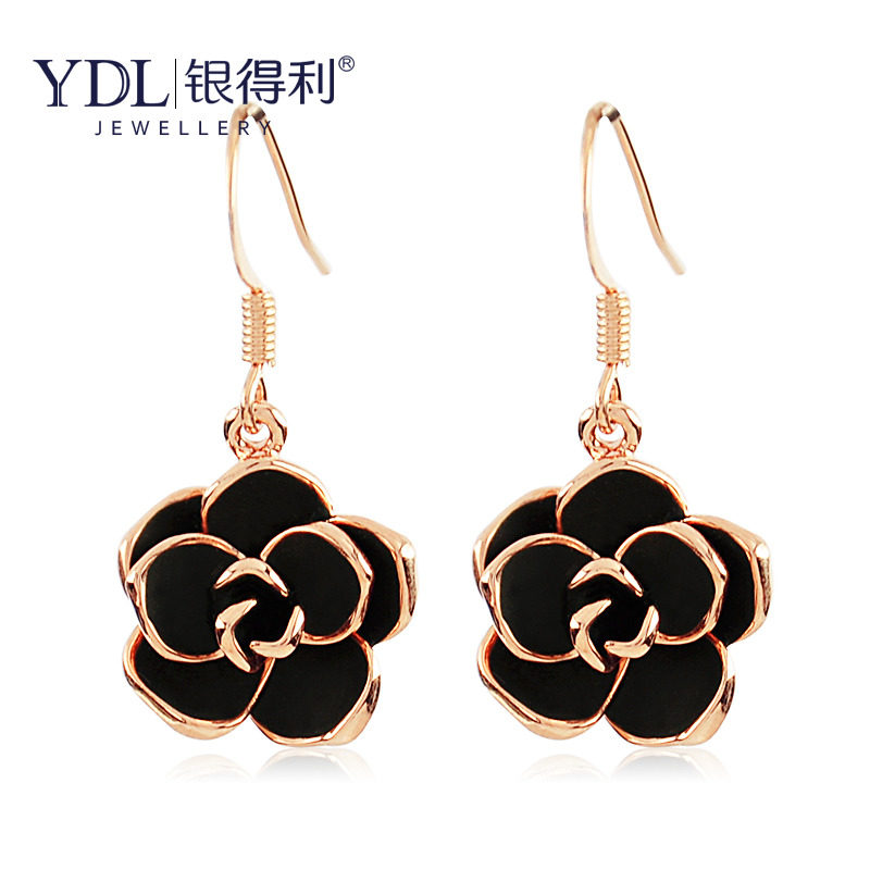 Серьги с камелией черные большие подвески для женщин 2024 новый осенне-зимний тренд