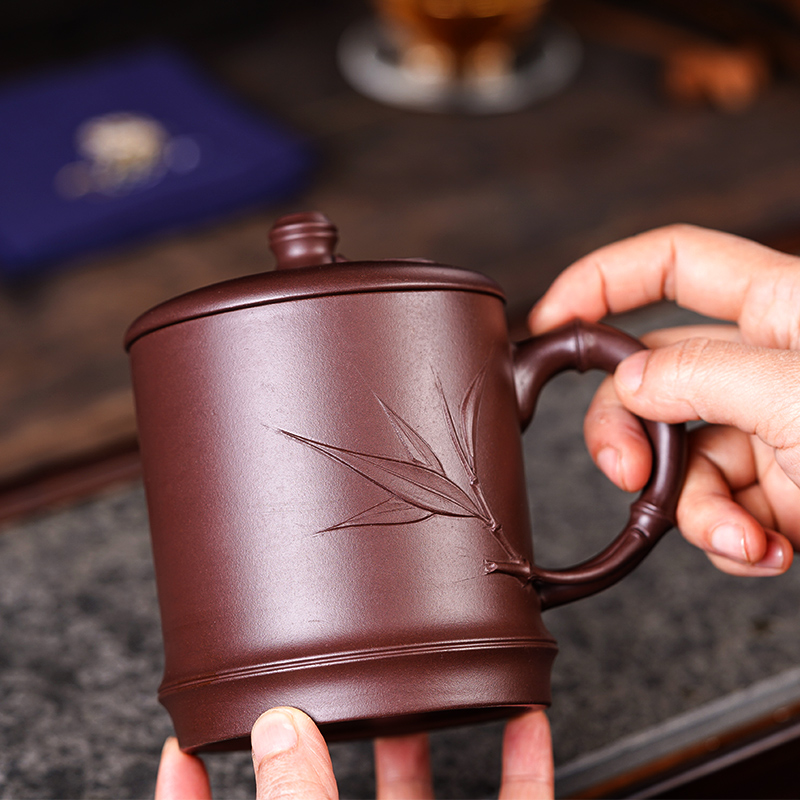 Чашка с крышкой из исинской пурпурной глины ручной работы для мужчин, китайская оригинальная старая пурпурная глина, дизайн с двойным бамбуком, 500 мл