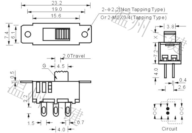 SS-23D32 (2P3T) двухрядный шестиконтактный трехпозиционный переключатель сдвигового типа 7.4*23.2 мм, 6-контактный вертикальный скользящий переключатель