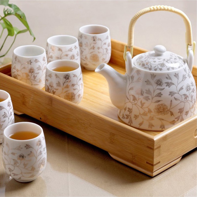 Набор керамической посуды из Цзиндэчжэня с бамбуковой подставкой, современный минималистичный набор кунг-фу для дома с чайником и 6 чашками