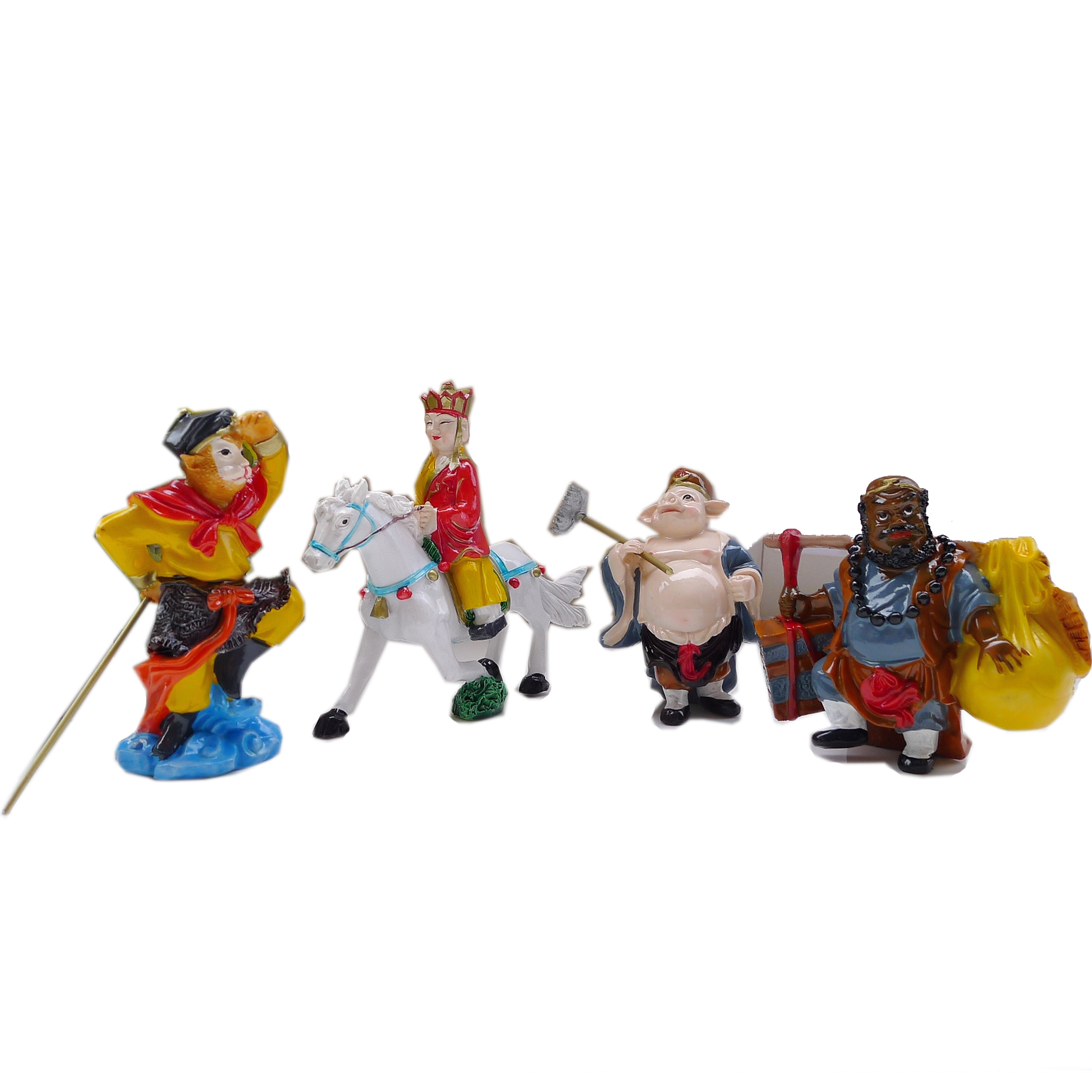 Фигурки из «Путешествия на Запад»: Монах Тан, Сунь Укун, Чжу Бацзе, Монах Ша, Безводный Монах, Статуя Белого Драконьего Коня