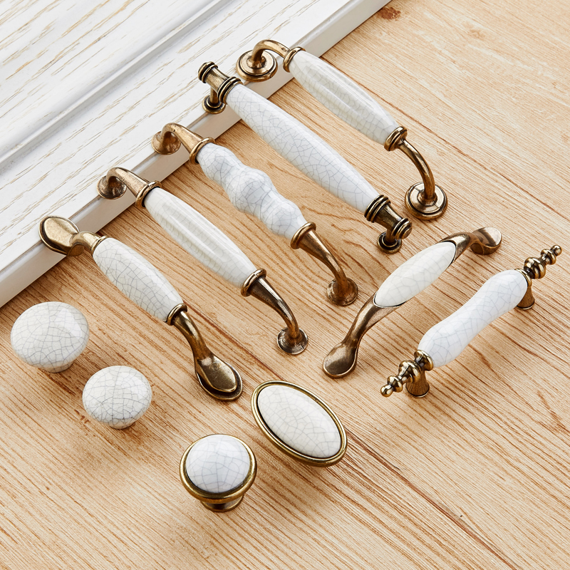 Европейская керамическая ручка с трещинами для шкафа и ящика, ручка для дверцы шкафа с одним отверстием, антикварная с патиной из меди