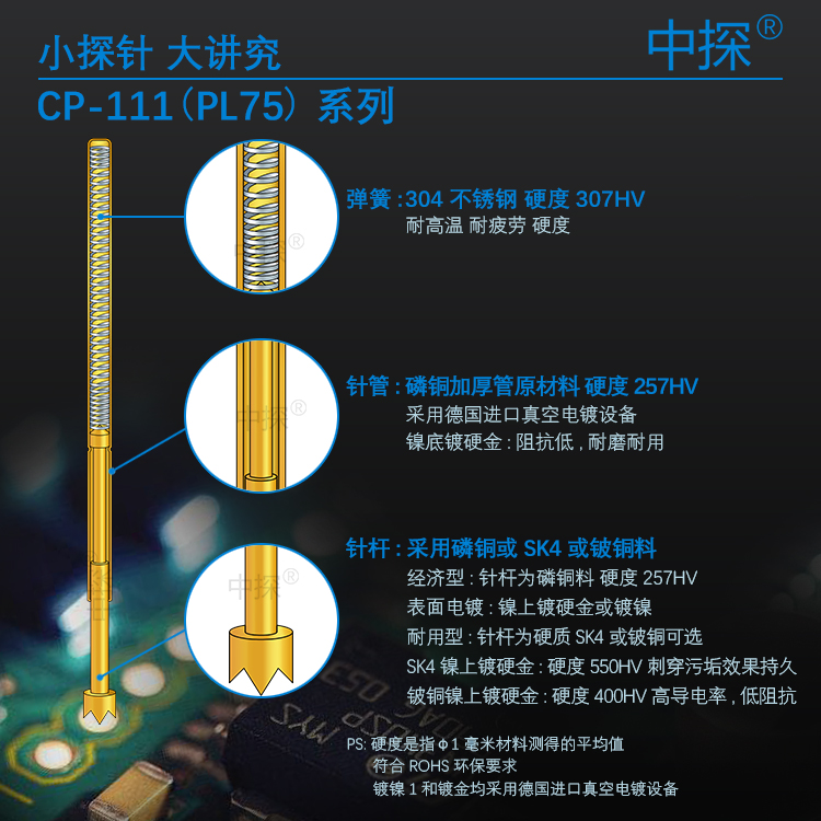 Зонд CP-111 PL75 тестовый иголка с твердым фосфористой бронзой/SK4 никелированием/золотым покрытием, прочный и износостойкий