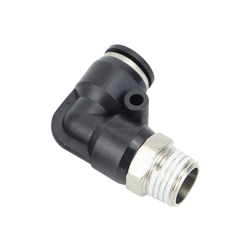 Угловое пневматическое быстроразъемное соединение с внешней резьбой PL8-02/4-M5/6-01/10-03/12