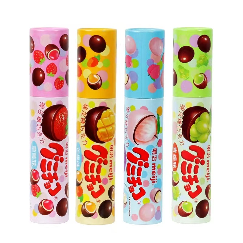 Японские жевательные конфеты Meiji с шоколадом 50г со вкусами зеленого винограда, манго, клубники, яблока и персика (пластинка)