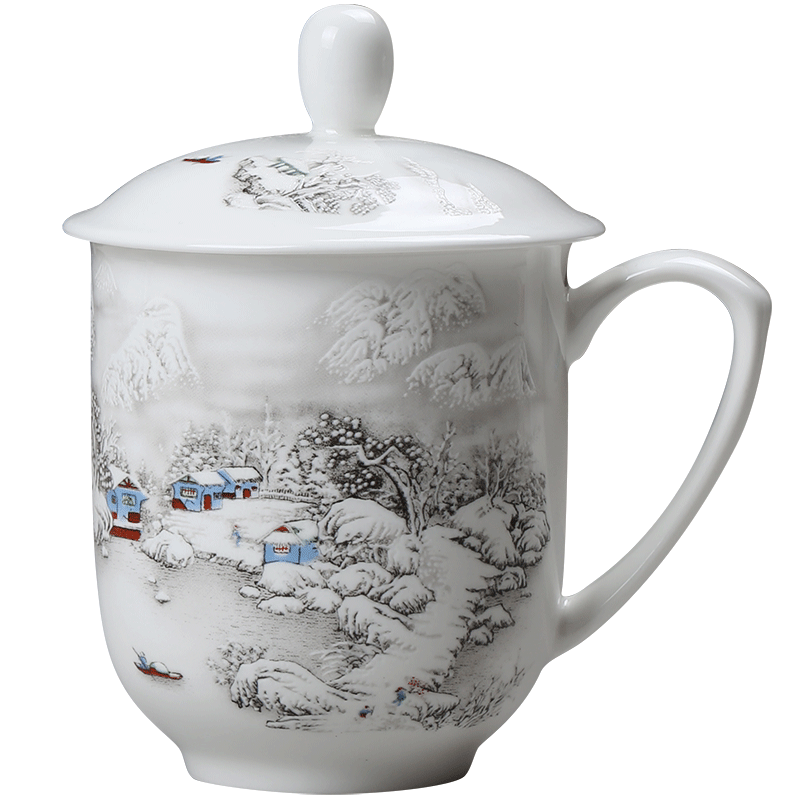 Чашка из костяного фарфора Цзиньдэчжэня с синим цветочным узором, керамическая чайная чашка с ручкой и крышкой, офисная кастомизированная чашка с логотипом