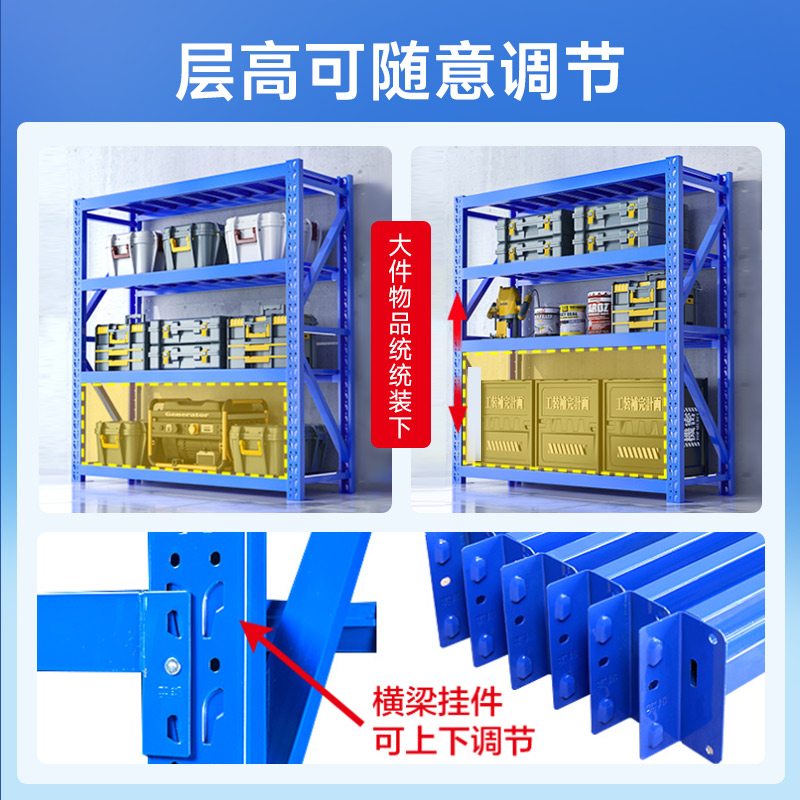 Стеллажи Shibang для склада, усиленные полки, средние и тяжелые, многоуровневые металлические стеллажи
