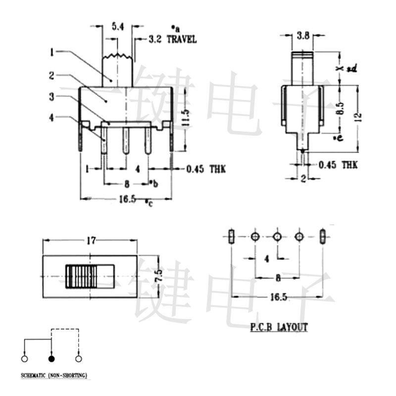 SS-12F02 (1P2T) переключатель игрушечный боковой с двумя положениями и различной высотой, один ряд с тремя контактами, вертикальный скользящий