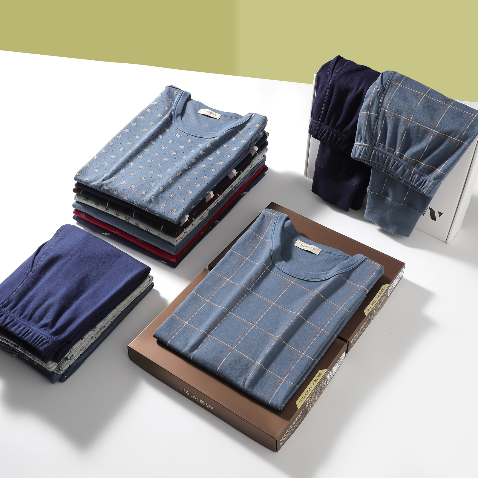 Высококлассное теплое белье Italai для мужчин, комплект осенних толстых хлопковых кофт и брюк с круглым вырезом и облегающим фасоном