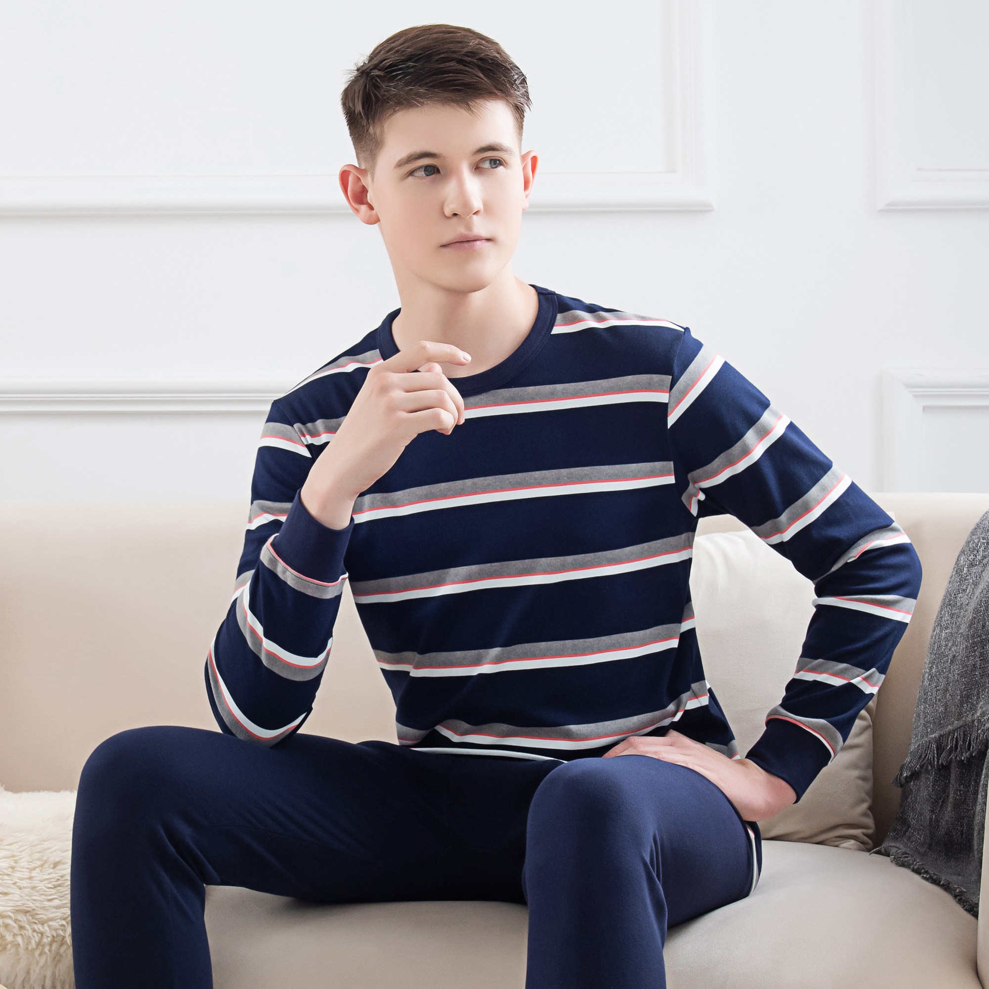 Высококлассное теплое белье Italai для мужчин, комплект осенних толстых хлопковых кофт и брюк с круглым вырезом и облегающим фасоном