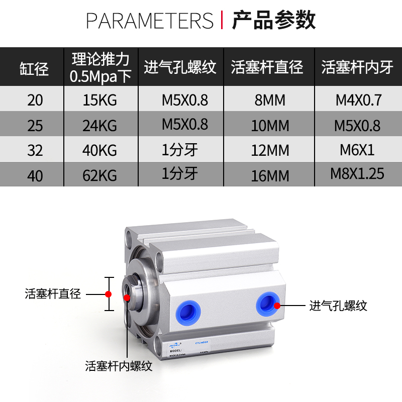 Compact Pneumatic Thin Cylinder SDA20/25/32/40/50/63/80X10X15X30*60 Full Cylinder Range