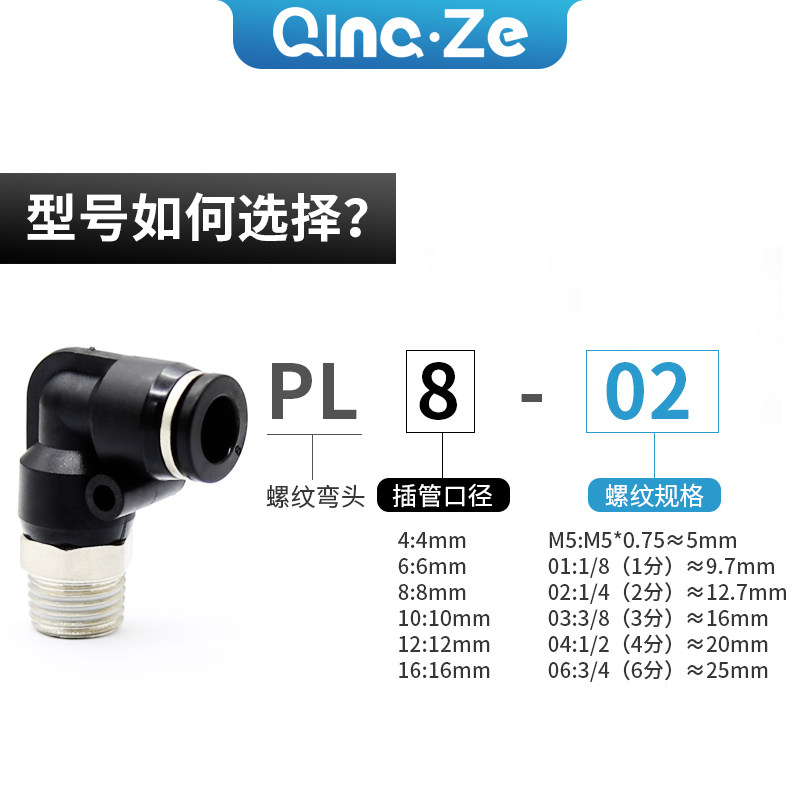 Угловое пневматическое быстроразъемное соединение с внешней резьбой PL8-02/4-M5/6-01/10-03/12
