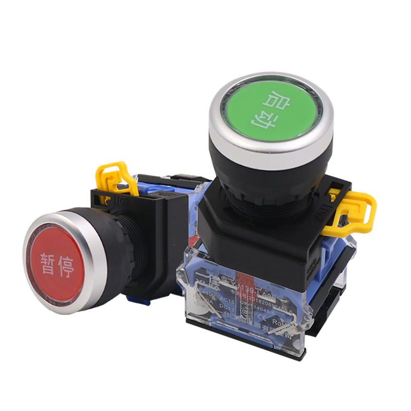 Самофиксирующий кнопочный выключатель Yijia 22мм с самосбросом LA38-11BN, питание 220В, контакты управления для пуско-остановочного блока ZS