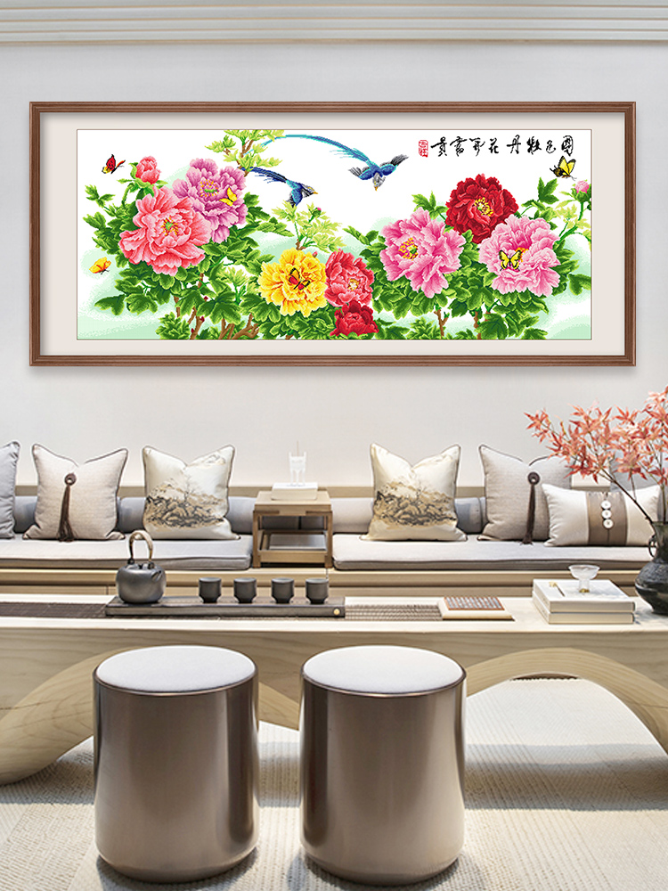 Новый крестик 2024 года Вышитая флора Цветущая роскошь Весна Шестифутовая картина с пионами Национальная элегантность Большое ручное украшение гостиной