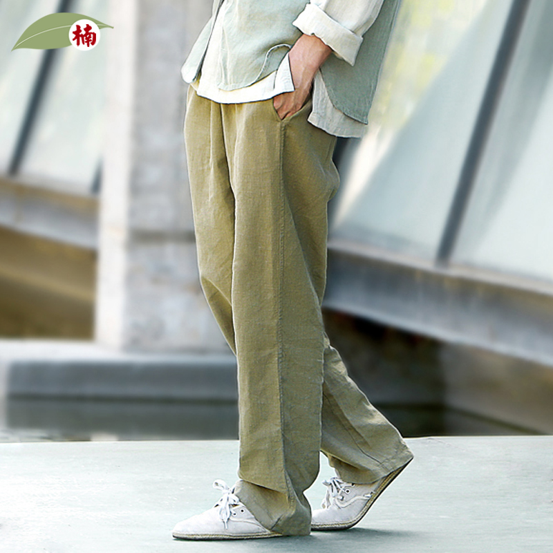 Мужские брюки из чистого льна с нанма, свободного кроя, в китайском стиле из крапивы, прямые брюки, ретро, с эластичным поясом, повседневные