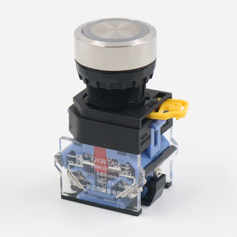 Самофиксирующий кнопочный выключатель Yijia 22мм с самосбросом LA38-11BN, питание 220В, контакты управления для пуско-остановочного блока ZS