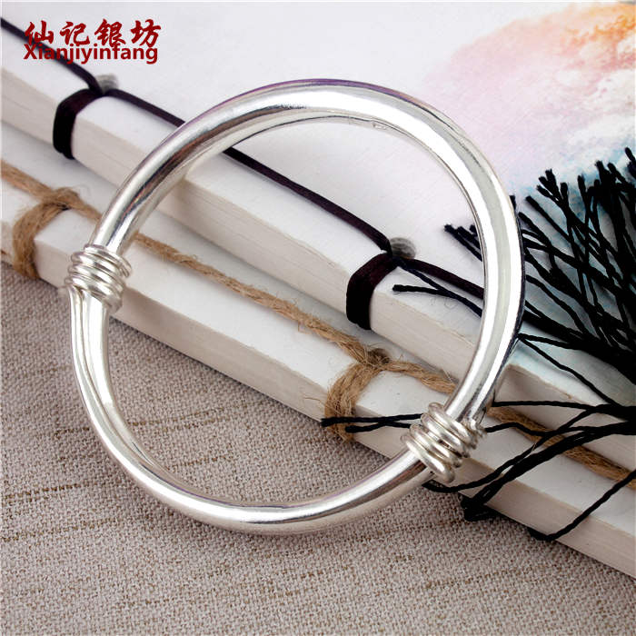 Ручная обработка серебряный браслет 999 чистое серебро для женщин классический цельный гладкий расширяющийся браслет