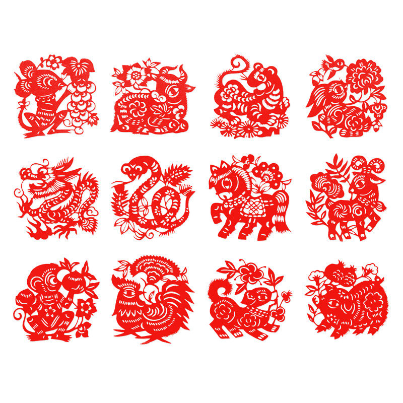 【Бесплатная доставка Зодиака】Набор из 12 китайских знаков зодиака, выполненный вручную в технике вырезания из бумаги, китайские народные ремесла, подарок за границу