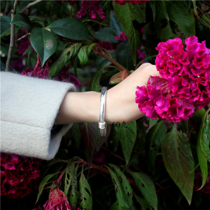 Ручная обработка серебряный браслет 999 чистое серебро для женщин классический цельный гладкий расширяющийся браслет