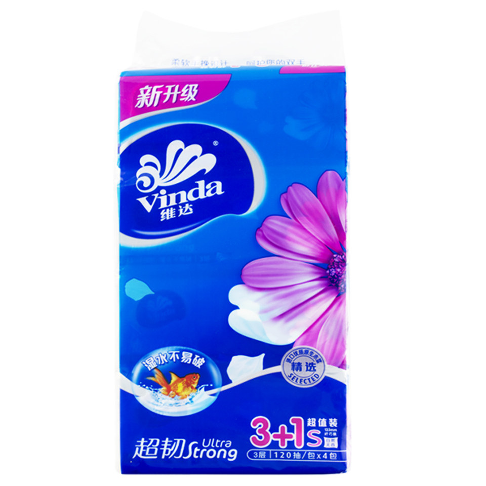 Бумажные салфетки Vinda, суперпрочные, 3 слоя, 120 листов, для лица и салфеток V2223, 16 упаковок * 4, новая упаковка