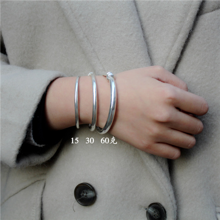 Ручная обработка серебряный браслет 999 чистое серебро для женщин классический цельный гладкий расширяющийся браслет