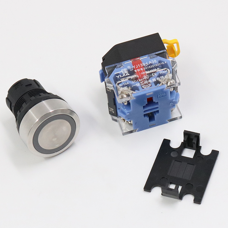 Самофиксирующий кнопочный выключатель Yijia 22мм с самосбросом LA38-11BN, питание 220В, контакты управления для пуско-остановочного блока ZS
